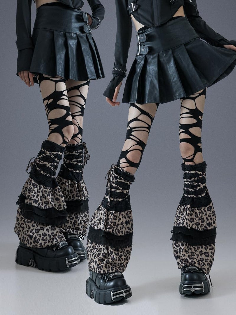 IKIOU Gothic Y2K Leg Warmers, Black Leopard Print Ruffled Design, One Size, Alternative Fashion Punk Style Leg Sleeves with Decorative Straps - Image 2